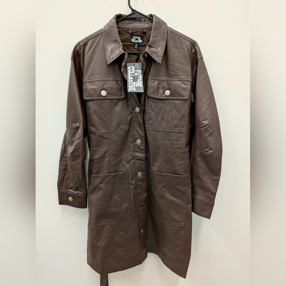 Future Collective Brown Faux Leather Coat Women Medium Button Front Long Jacket - Picture 6 of 13